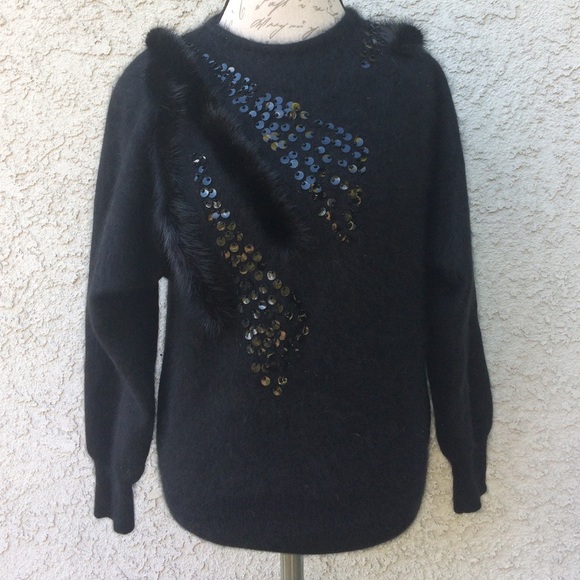 Vintage Sweaters - Vintage Angora Rabbit Fur Wool Soft Black Embellished Sequin Pullover Sweater